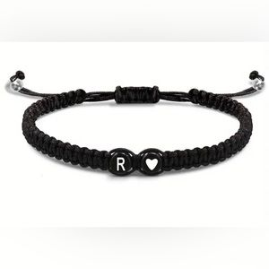 Letter R with heart Bead Black Braided Bracelet Adjustable Hand or ankle